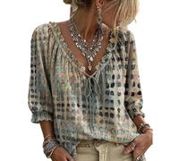 TOFOTL Womens Tops Summer Bohemian Spot Print Tie Front Adjustable Vacation Ladies Tops Boho 3/4 Sleeve V Neck Ruffle Casual