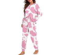 TOFRIMADE Drawstring Pajamas for Women Set 2 Piece Long Sleeve Pajama Sets Comfy Loungewear Pjs Trendy Cozy Sleepwear, Pink Cow Print, S