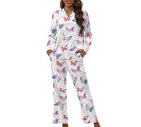 TOFRIMADE Pajamas for Women Set Long Pants Sleepwear Sets Soft Comfy Night Wear V-Neck Loungewear Cute Pajama House Wear, Crystal Butterfly, L