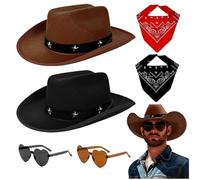 TOGETDREAM 6 Pcs Cowboy Hat & Cowboy Neckscarf Accessories with 2 Heart Sunglasses Cowboy Outfit Costume Accessories for Men, Women, Adults Wild Western Sheriff Country Western Rancher