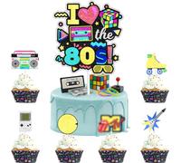 Together Back To The 80s Cake Topper set - Retro Throwback Theme I love 80s Honeycomb Roller disco radio Happy Birthday Hip hop Party Decorations - One Cake Topper and 6 pcs Cupcake Toppers