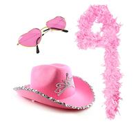 Together Tour Accessory Set - Pink Cowboy Hat with Tiara, 80g Baby Pink Feather Boa, Pink Heart-Shaped Sunglasses - Adults Pop Styles Icon Concert Fancy Dress Costume