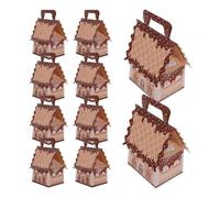 TOGEVAL 10Pcs Small Christmas Gingerbread House Cookie and Candy Boxes with Handle, Brown Trim Treat Boxes for Holiday Party Decorations and Festive Packaging
