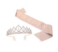 TOGEVAL 2pcs Birthday Crown Tiara and Sash Set Queen's Ceremonial Belt Elastic Fabric and Metal for Party Decorations