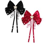 TOGEVAL 2pcs Bow Hair Clips Large Pearl Hairpins for Women Autumn Winter Fabric Barrettes with Alligator Clip Non Slip Design Suitable for Weddings Parties Proms Gifts Wine Red Black