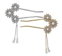 TOGEVAL 2pcs Retro Long Hair Sticks for Women Alloy Hair Chopsticks with Flower Pearl Rhinestone Tassel for Buns Weddings Parties and Daily Wear