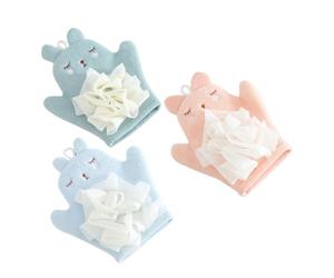 TOGEVAL 3pcs Cartoon Baby Bath Gloves Wash Mitts for Infant Soft Scrubbing Sponge with Dual-Sided Design in Blue, Orange Pink, and Mint Green for Gentle Bathing and Toddler Bath Care