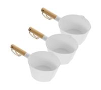 TOGEVAL 3pcs Long Handle Plastic Water Ladle with Wooden Grip Splash Resistant Bathroom and Kitchen Water Scoop for Deep Pots Smooth Edges for Safe Everyday Cooking and Bath Use