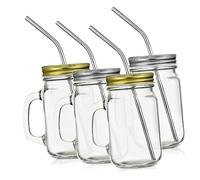 TOGEVAL 4 Pcs Glass Drinking Mugs with Lids and Stainless Steel Straws Square Mason Jars with Handles Spill Reusable Cups for Juice Milk Water Suitable for Home and Office Use