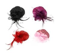 TOGEVAL 4pcs Mini Top Hat Hair Clips Fascinator Hats for Women Retro Mesh Yarn Party Accessories in Red Purple Black Pink for Tea Party Cosplay
