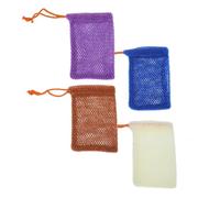 TOGEVAL 4pcs Practical Soap Bags with Drawstring for Bath Exfoliating Towels Quick-dry Mesh Soap Storage Pouches in Purple Blue Beige for Household Shower Use