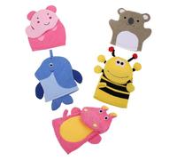 TOGEVAL 5pcs Exfoliating Bath Gloves Set Cartoon Animal Designs Elephant Bee Hippo Penguin Bear - Soft Body Scrubber Mitts for Gentle Shower and Spa Exfoliation