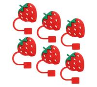 TOGEVAL 6Pcs Reusable Silicone Strawberry Straw Toppers Protective Covers Straw Caps for Drinking Cute Cartoon Design for Party and Daily Use