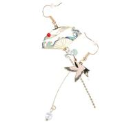TOGEVAL Asymmetrical Tassel Fan Earrings with Crane Design Retro Chinese Style Dangle for Women Elegant Statement Jewelry Gift for Friends and Lovers
