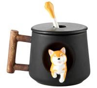 TOGEVAL Black Ceramic Dog Mug with Lid and Spoon, Easy to Clean and Comfortable to Grip, for Coffee Or Milk at Home and Office, Funny Shiba Inu Travel Cup