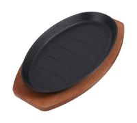 TOGEVAL Cast Iron Teppanyaki Pan with Wooden Tray and Anti-scald Mitt Striped Grill Plate for Steak Bbq Fajita Cooking Heat-resistant Skillet for Home Kitchen Party Restaurant