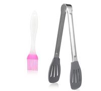 TOGEVAL Grey Silicone Food Tong and Oil Brush Reusable BBQ Kitchen Clip with Hollow Design for Cooking Serving Grilling Food Grade Silicone and Stainless Steel Material Random Random Color