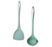 TOGEVAL Heat-resistant Silicone Kitchen Cookware with Stainless Steel Handles Non-slip Slotted Spoon and Turner for Stir-fry Cooking Camping Hotels Restaurants Nordic Green