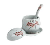 TOGEVAL Japanese Style Ceramic Steamed Egg Bowl with Lid Thick Underglaze Tableware for Soup Heat Retention Kitchen Supplies Decorative Patterned Rice and Breakfast Bowl