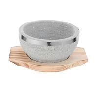 TOGEVAL Korean Bibimbap Stone Bowl with Wood Tray Cooking Pot for Soup Rice and Braised Chicken Hot Stone Bowl for Korean Food Protective Wooden Base for Home Use
