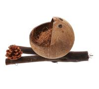 TOGEVAL Natural Wood Bird Perch Stand with Coconut Shell Nest and Pinecone Decoration, Parakeet and Parrot Cage Perches, Pet Birds Nest Suitable for Climbing and Resting