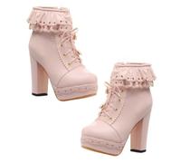 TOGEVAL Short Tube Ankle Boots for Women Stylish Point Toe Thick Low Heel Fashionable Pink Lace-up Footwear for Weddings Parties and Office Wear