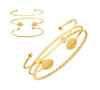TOGEVAL Women's Adjustable Opening Bracelet Set 3pcs Gold Bangle Cuffs Leaf Twisted Rope and Bead Elements