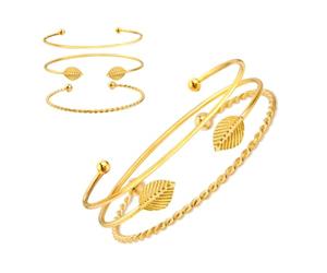 TOGEVAL Women's Adjustable Opening Bracelet Set 3pcs Gold Bangle Cuffs Leaf Twisted Rope and Bead Elements