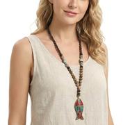 togputel Boho Beaded Necklace for Women, Long Handmade Wood Beads Necklace with Fish Pendant, Vintage Turquoise Bohemian Jewelry, Statement Necklace Gift for Women, 31.5 inches, Metal, Turquoise