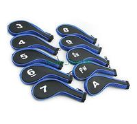 TOHMLAPE 10pcs Number print Long Neck Golf Club Iron Covers Head Covers Set with Zipper for Irons Callaway Ping,Black/Blue
