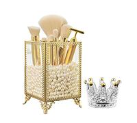 Tohoee Makeup Brush Holder Glass Brass Vintage Cosmetic Organizer with Pearls and Crown Holder for Makeup Sponge Necklace Earring Storage Box Display Cases for Countertop Vanity Dresser (Gold)