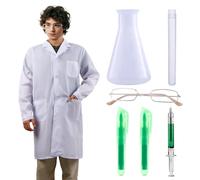 TOHONGADON 7 Pieces Mad Scientist Costume for Adult, Scientist Doctor Costume Includes White Lab Coat, Glasses, Plastic Flask for Halloween Party Accessories