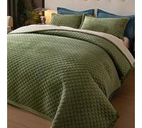 tohrisa King Size Velvet 3-Piece Quilt Set - Ultra Soft Bedding with 2 Pillow Shams, Lightweight Reversible Coverlet Bedspread with Plaid Quilting for All Seasons, Olive Green/White 108x96 Inches