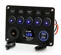 TOHUBE 12V/24V Toggle Switch Panel With Dual USB Charger Port 4.2A, Digital Voltmeter Display, Car Rocker Switches, Lighter Socket - 5 Gang for Car Boat Truck