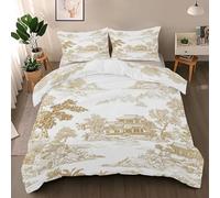 Toile de Jouy Ultra Soft Duvet Cover Double Size, Chinese Architecture Bedding Set, Durable & Breathable Chinese Landscape Comforter Cover Set, Modern Art All Season Comfort Quilt Bedding Cover