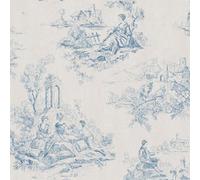 Toile De Jouy Wallpaper Linen Effect Blue Light Grey Country Scene Classic | With a vintage finish, ideal for a traditional feature wall in a bedroom, dining room or living room, 32cm offset match
