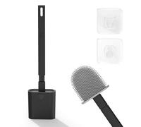 Toilet Brush, 1 Pack Bathroom Silicone Toilet Brushes and Holder Sets with No-Slip Long Plastic Handle and Soft Flexible Bristles, Toilet Brushes with holders and Base for Anti-drip (Black)