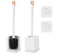 Toilet Brush and Holder, 2 Pack Modern Bathroom Set with Quick-Dry Stand - Wall Mountable or Freestanding, Includes Cleaning Clip, White
