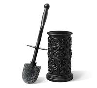 Toilet Brush and Holder Set, Black Ornate Floral Embossed Loo Brush | Toilet Cleaner Brush with Stiff Bristles and Heavy Weight Base, Hygienic Toilet Brush for Compact, Modern & Classic Bathrooms