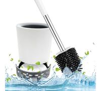 Toilet Brush with Drainage Holder Set,Flex Silicone Anti-Clog Anti-Drip Brush Head, White/Grey Colour with Stainless Steel Handle, 1-Pack with Diatomite Drying Pad