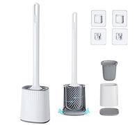 Toilet Brush with Holder, Silicone Toilet Brushes Wall-Mounted Multifunction Toilet Cleaner Brush with No-Slip Long Plastic Handle and Flexible Bristles for Bathroom Toilet (White)