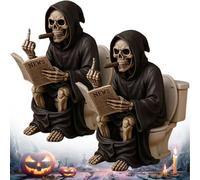 Toilet Grim Reaper Figurine, Funny Middle Finger Grim Reaper Figurine, Gothic Skeleton Figurines, Halloween Hilarious Toilet Grim Reaper Statue Decor, For Desktop Home Bookshelf (2 PCS)