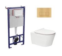 Toilet Pack Brevis Wall-Hung Rimless Toilet + SAT Support Frame + Matt Gold Dual Flush Plate (SMARTK-Brevis-gold)