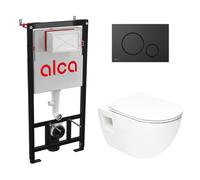 Toilet Pack Frame + SAT Wall-Hung Rimless Toilet + Matt Black Flush Plate (Alca-Project-SATAT68)