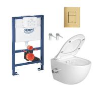Toilet Pack Grohe Rapid SL Frame + Infinitio Rimless Toilet + Gold Mirror Effect Flush Plate (RapidSLSATClean-82-gold)