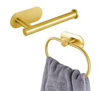 Toilet Paper Holder/Towel Ring Self Adhesive, Eolax No Drilling Gold Bathroom Hardware Accessories, Stainless Steel Sticky Toilet Roll Hanger and Hand Towel Holder, Wall Mounted, 2 Pieces