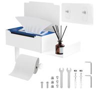 Toilet Paper Holder with Drawer Storage Toilet Wipes Dispenser Wall Mounted Carbon Steel Modern Wall Mount Roll Holder Adhesive Paper Towel Box Container Extended Cover for Home Hotel