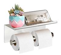 Toilet Paper Holder with Shelf, Aneder Wall Mounted Toilet Paper Storage, Double Roll Tissue Holder Dispenser Bathroom Toilet Paper Holder Silver