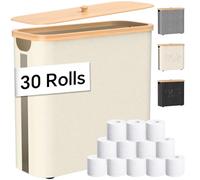 Toilet Paper Storage with Bamboo Lid, 33.8L Foldable Toilet Paper Basket Organizer Holder for up to Regular 30 Rolls Or 12 Mega Rolls, Waterproof Free Standing Toilet Paper Holder for Bathroom, Beige