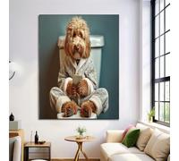 Toilet Poodle Prints On Canvas Pictures, Canvas Poster Wall Art Home Decor Gray-Green Print Painting, Cute Patterns 50x70cm No Frame, Bedroom Office Decorations